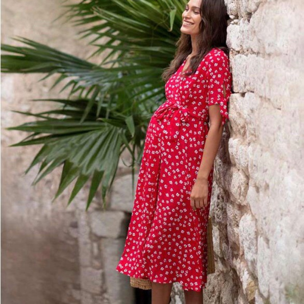 Seraphine Red Midi Wrap Maternity Dress EUC
